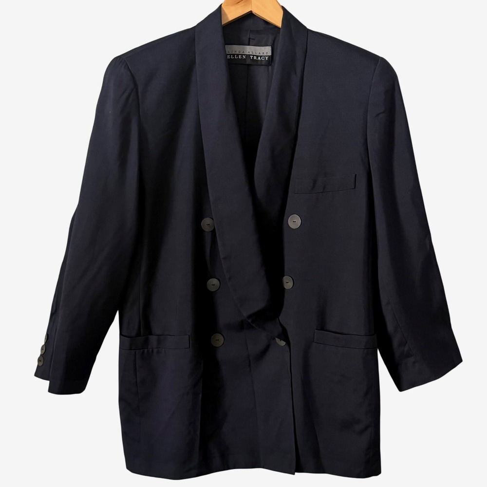 Linda Allard Ellen Tracy Sz 14 Navy Blue 100% Silk Blazer Old Money Timeless